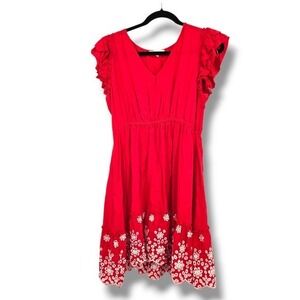 Solitaire Boho Red‎ Dress Ruffle Sleeve Embroidered Hem Summer Mini Size M